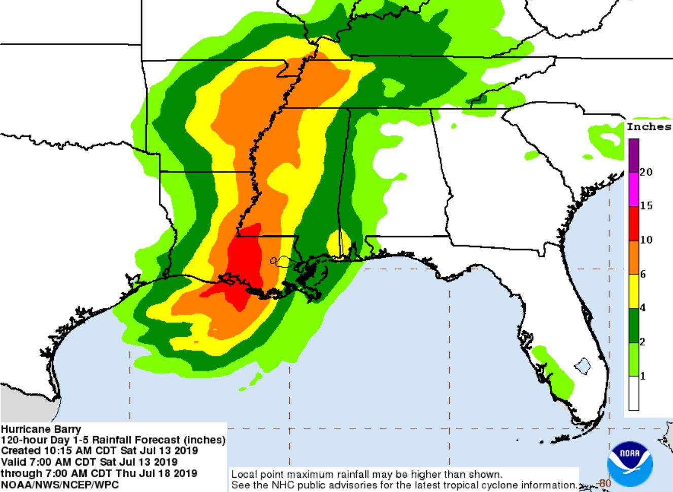 Barry rainfall forecast outlook for July 13, 2019